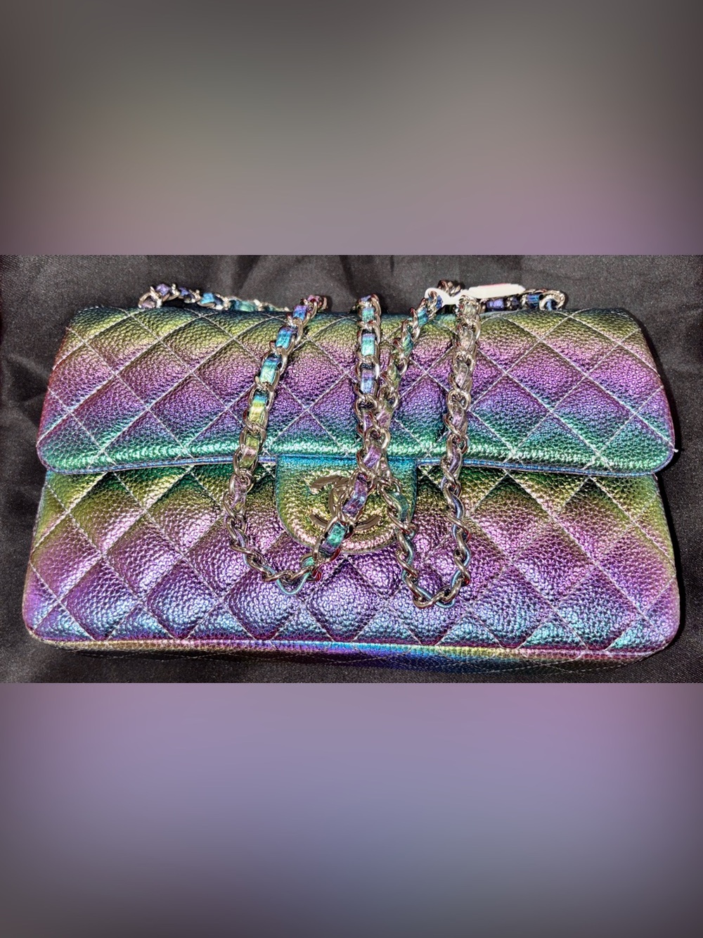 Rainbow Leather Iridescent Quilted Chain Shoulder Bag - Multicolor